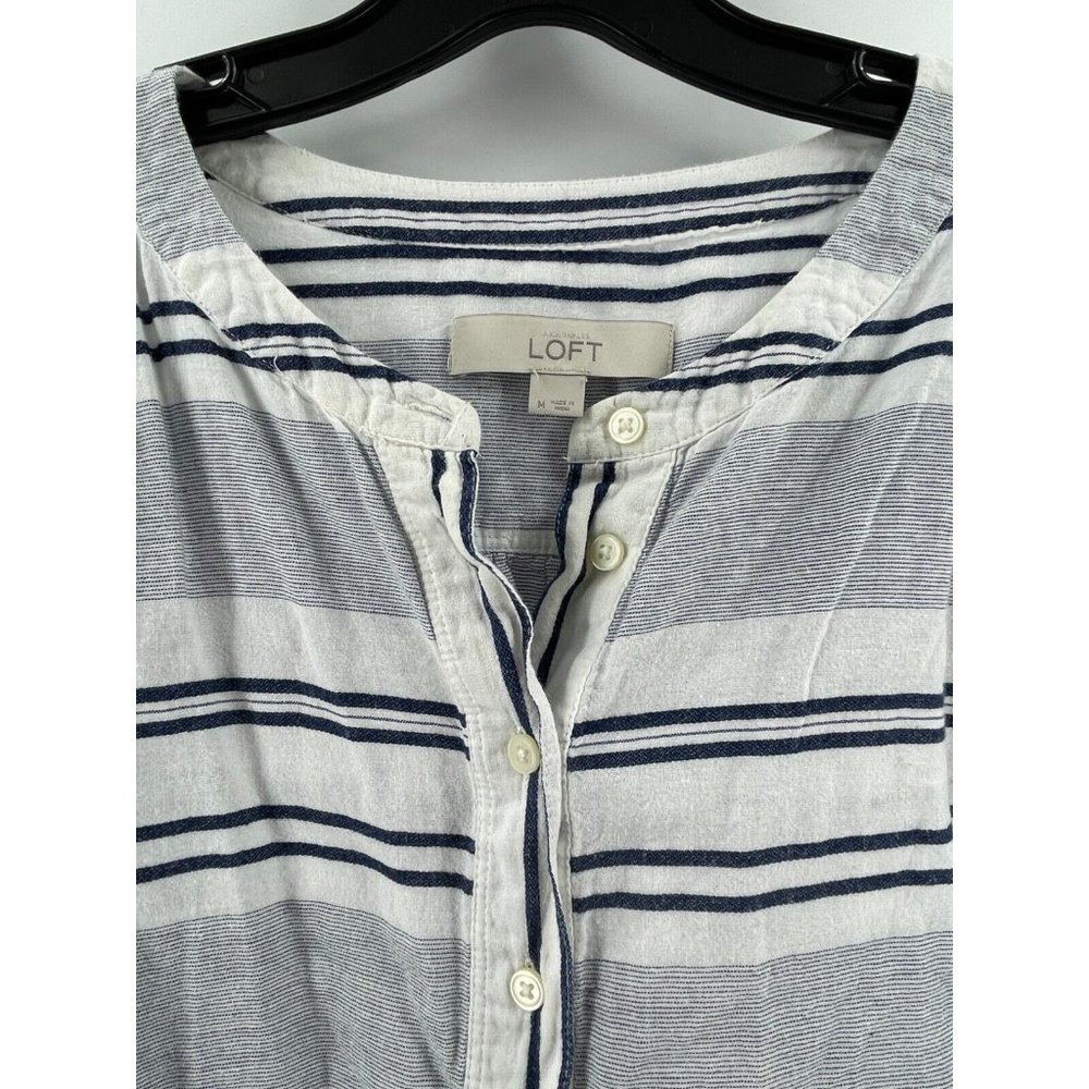 Ann Taylor LOFT Women's White Blue Striped Button Casual Peasant Top Medium Boho - Picture 3 of 8